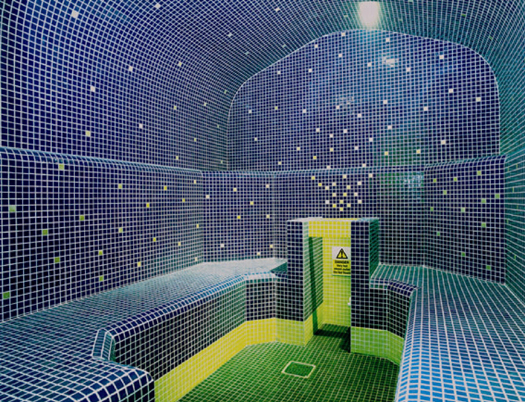 Shows inside of a blue coloured large Ceramic Tiled Steam Bath